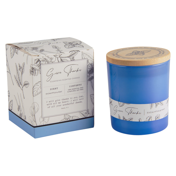 Give Thanks Blue Eucalyptus & Mint Scented Candle With Bamboo Lid - Psalms 9:1