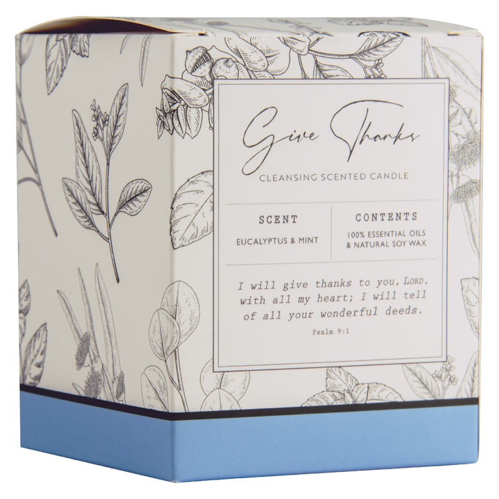 Give Thanks Blue Eucalyptus & Mint Scented Candle With Bamboo Lid - Psalms 9:1