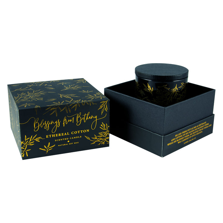 Blessings From Bethlehem Black Luxurious Ethereal Cotton Scented Candle With Lid - Luke 24:50-51