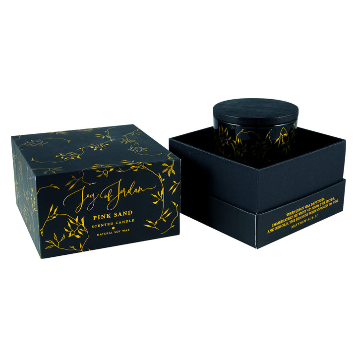 Joy Of Jordan Black Luxurious Pink Sand Scented Candle With Bamboo Lid - Matthew 3:16-17