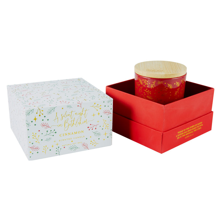 A Silent Night In Bethlehem Red Luxurious Cinnamon Scented Candle With Bamboo Lid - Luke 2:11