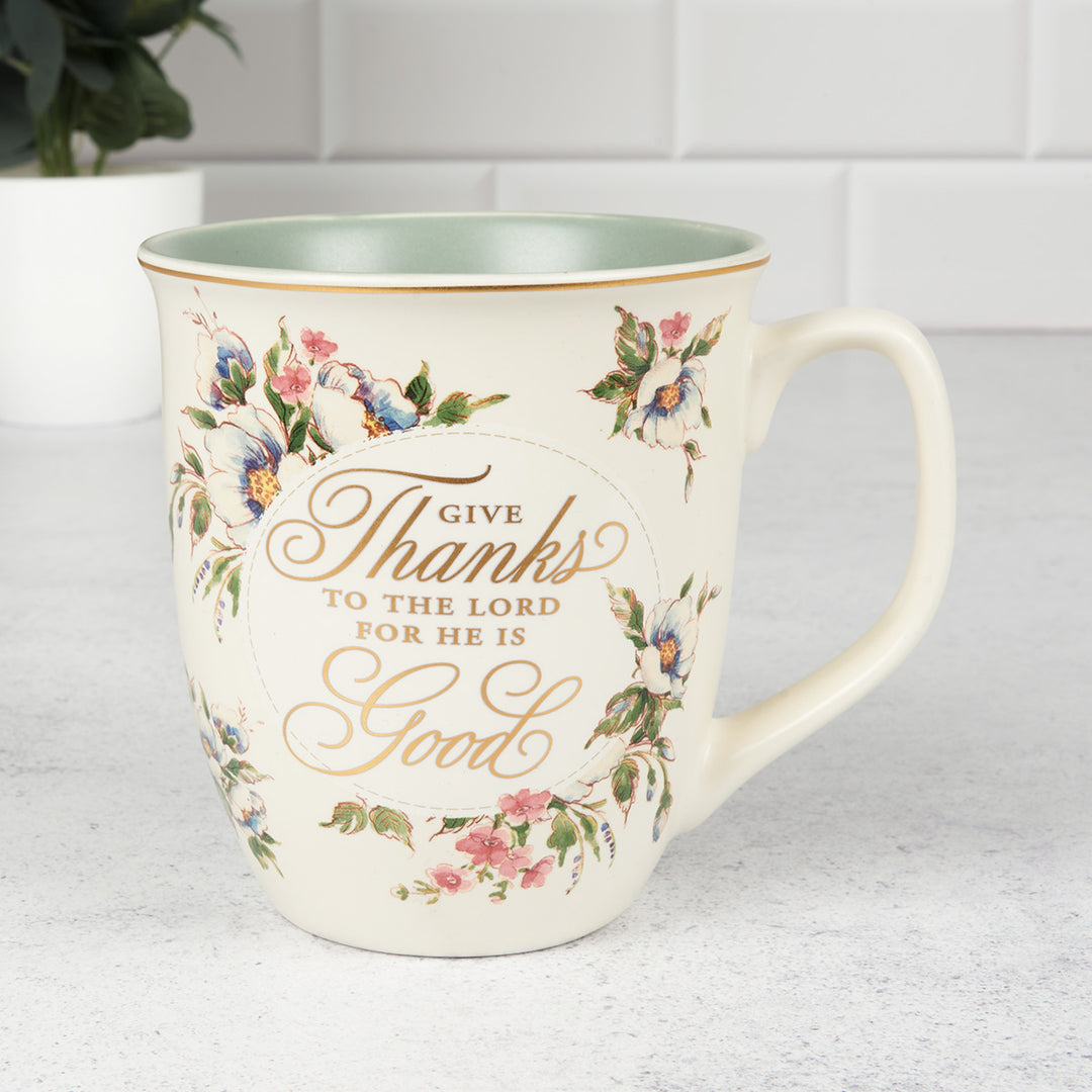 Give Thanks To The Lord Olive Interior Ceramic Mug - Psalms 107:1