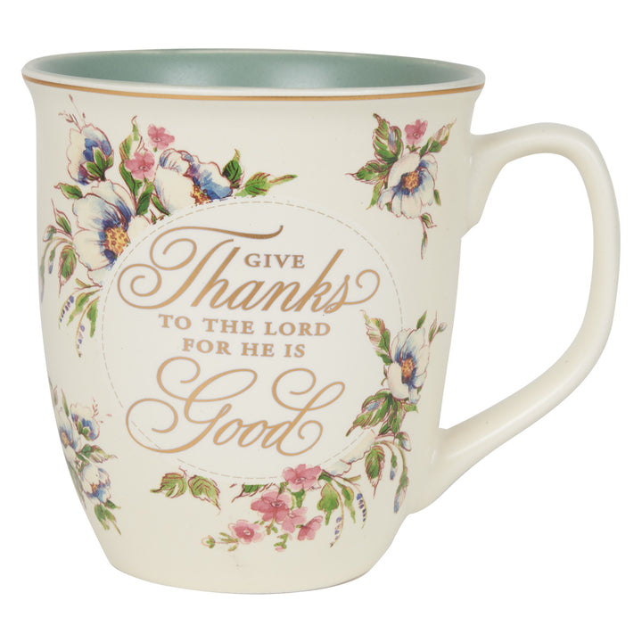 Give Thanks To The Lord Olive Interior Ceramic Mug - Psalms 107:1