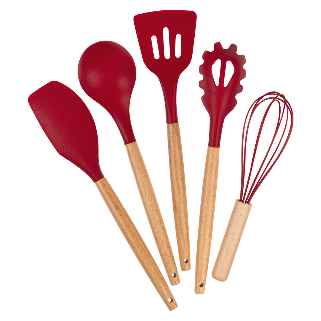 Red Wood And Silicone Afrikaans 5-Piece Utensil Set