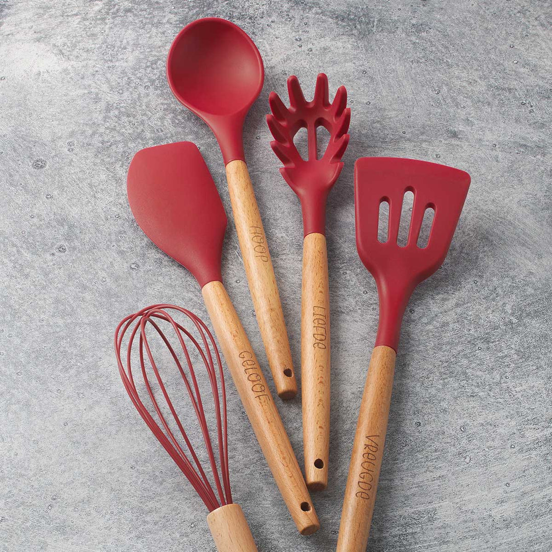 Red Wood And Silicone Afrikaans 5-Piece Utensil Set