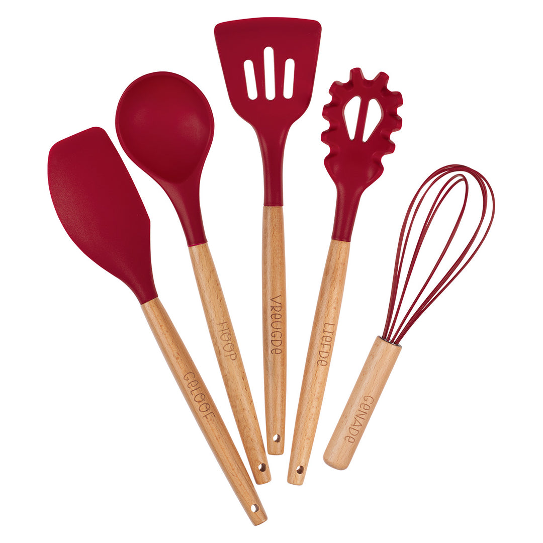 Red Wood And Silicone Afrikaans 5-Piece Utensil Set