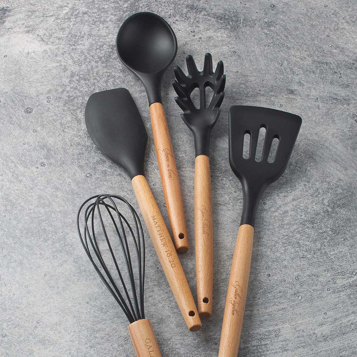 Black Wood And Silicone 5-Piece Utensil Set