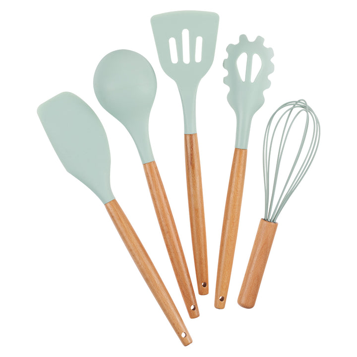 Green Wood And Silicone 5-Piece Utensil Set