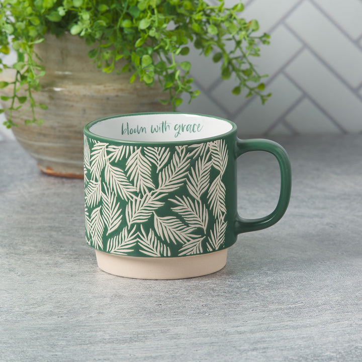 Bloom With Grace Dark Green Ceramic Mug With Leaf Motif