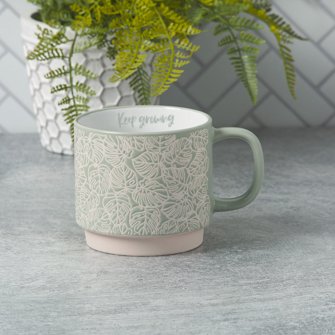 Keep Growing Light Shade Of Green Ceramic Mug With Leaf Motif