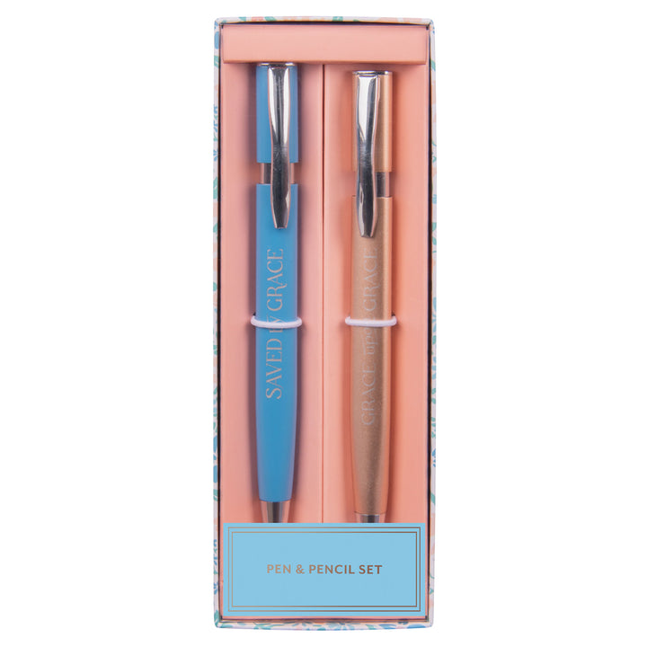 Saved by Grace & Grace Upon Grace Turquoise Pen and Rose Gold Pencil Set