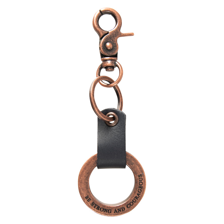 Be Strong and Courageous Metal Key Ring with Genuine Leather Detail