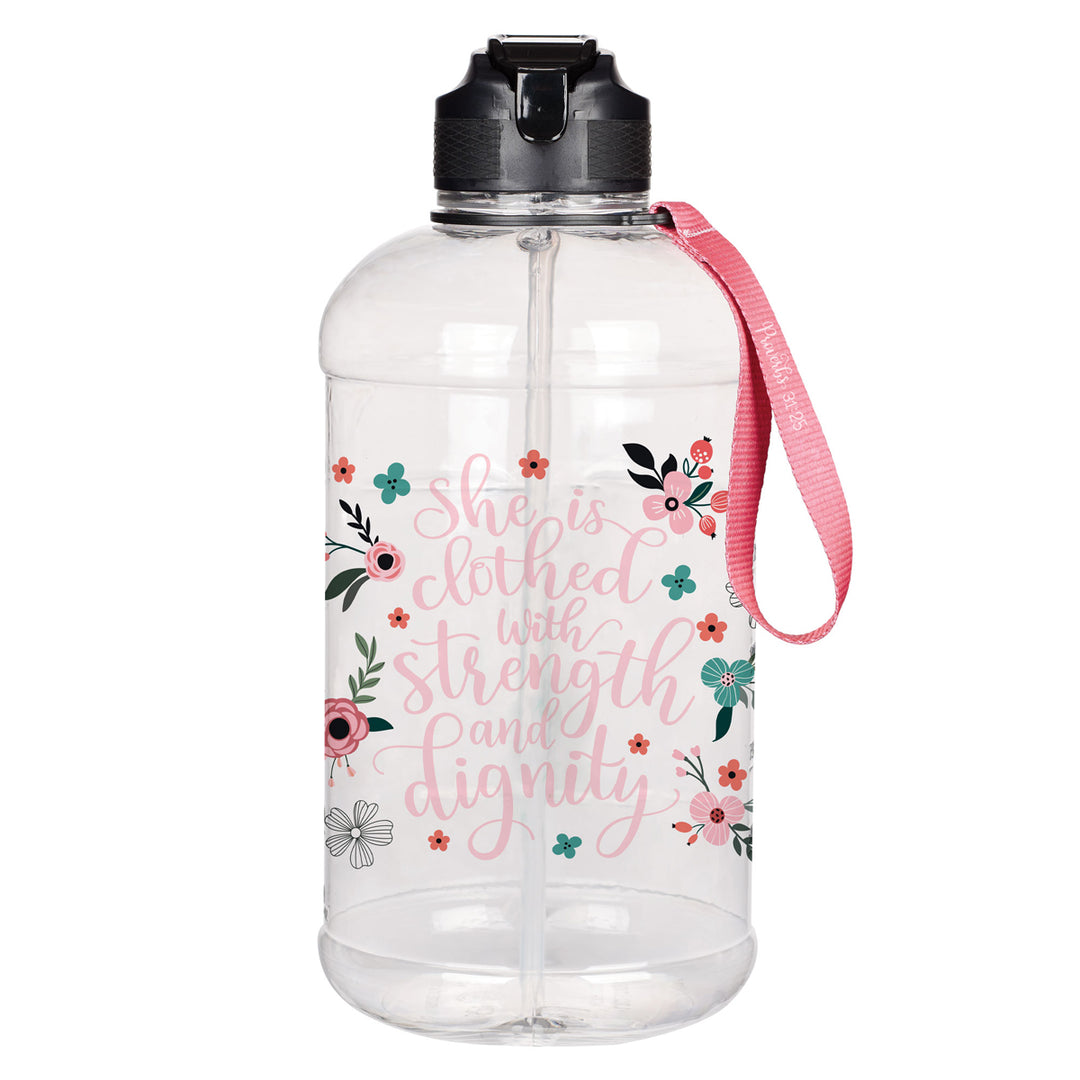 She is Clothed with Strength and Dignity Plastic Water Bottle with Sleeve and Strap