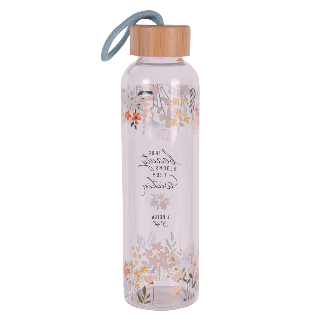 True Beauty Blooms from Within Glass Water Bottle with Bamboo Lid