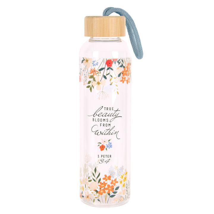 True Beauty Blooms from Within Glass Water Bottle with Bamboo Lid