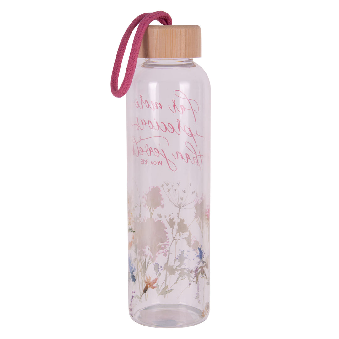 Far More Precious than Jewels Glass Water Bottle with Bamboo Lid