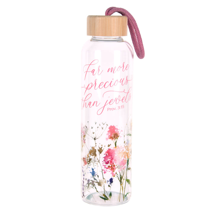 Far More Precious than Jewels Glass Water Bottle with Bamboo Lid