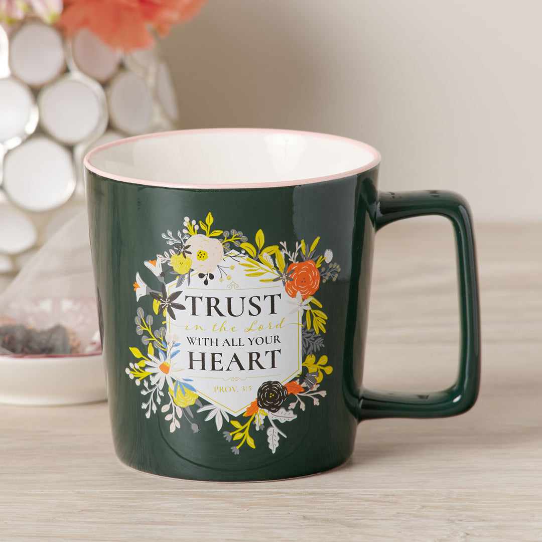 Trust in the Lord with All Your Heart Black Ceramic Mug with Pink Rim