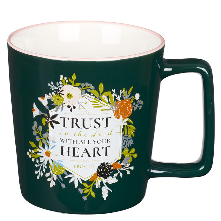 Trust in the Lord with All Your Heart Black Ceramic Mug with Pink Rim