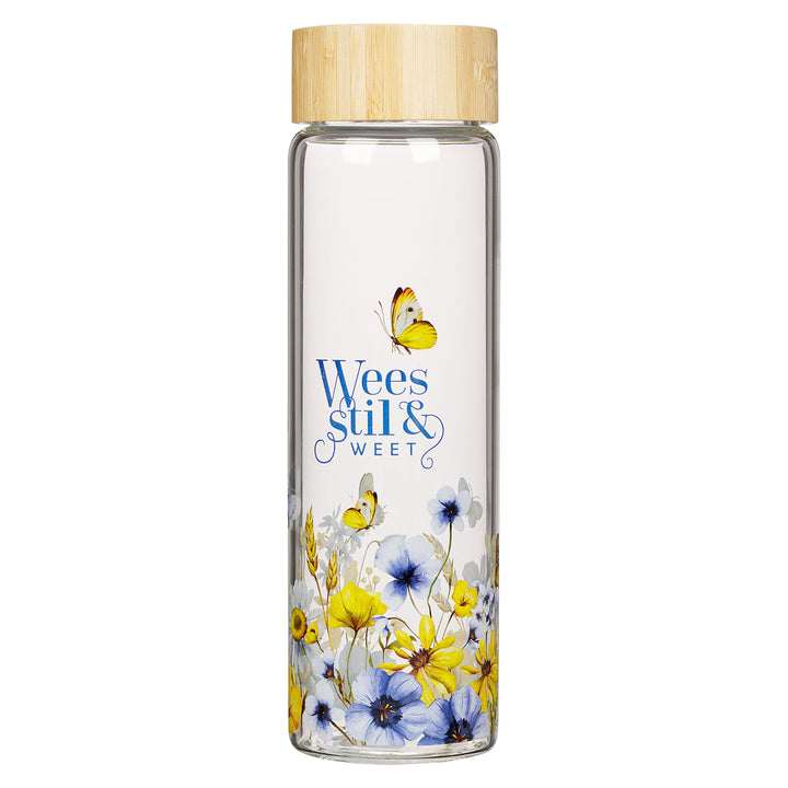 Wees Stil en Weet Afrikaans Glass Water Bottle with Bamboo Lid