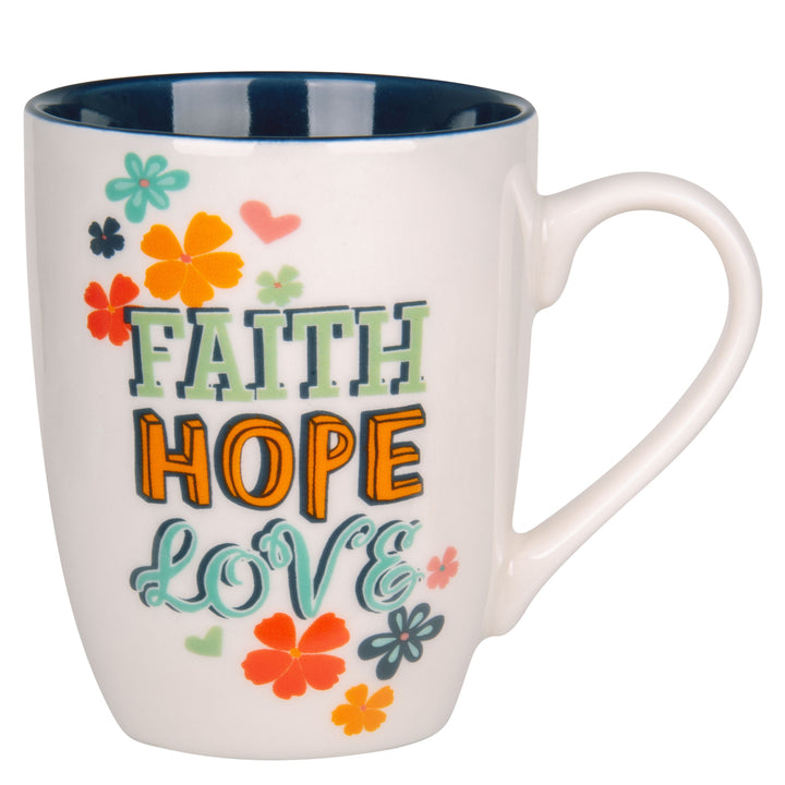 Faith Hope Love Ceramic Mug with Blue Interior