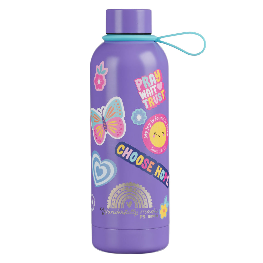 Wonderfully Made Purple Stainless Steel Water Bottle with Decorative Sticker Sheet