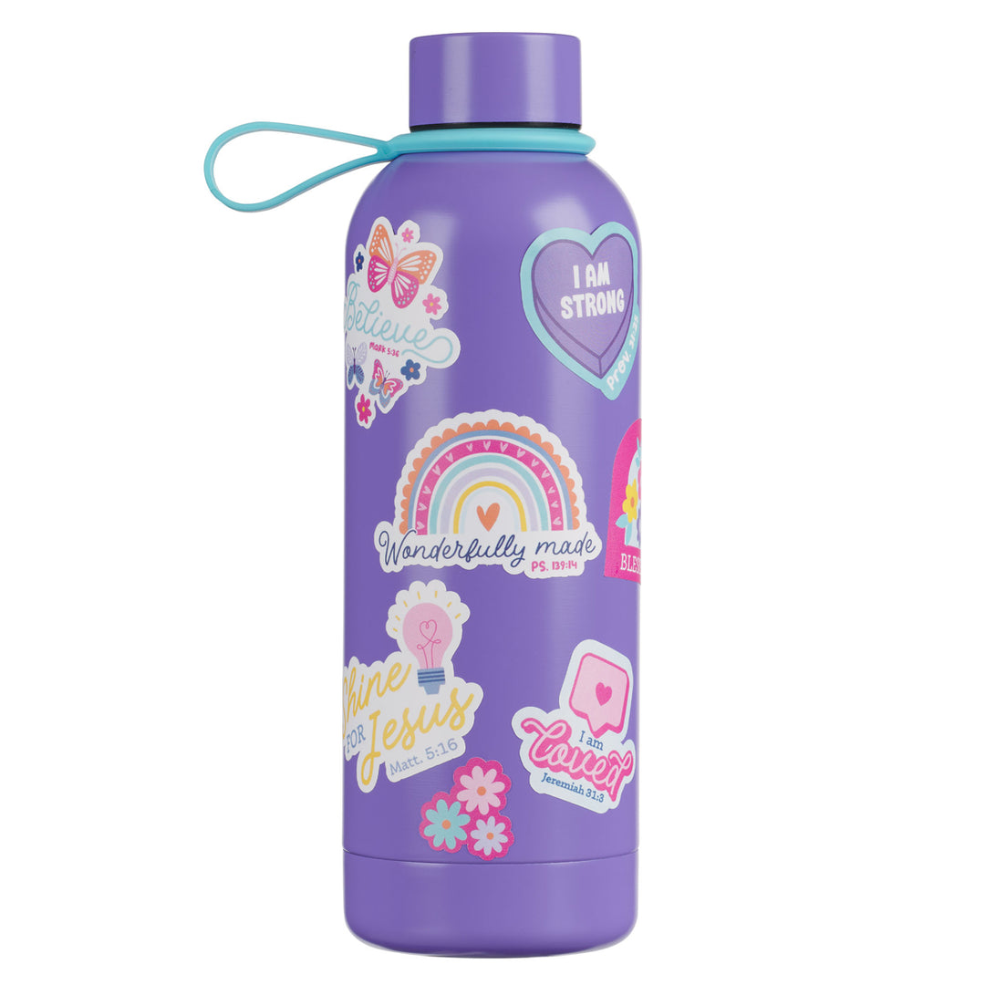 Wonderfully Made Purple Stainless Steel Water Bottle with Decorative Sticker Sheet