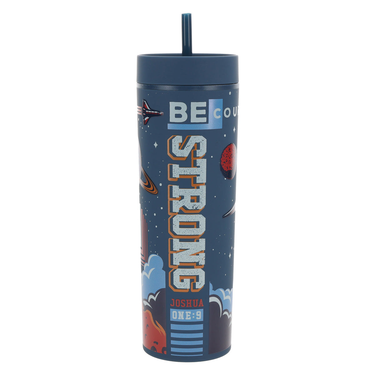 Strong and Courageous Navy Blue Plastic Travel Tumbler with Straw