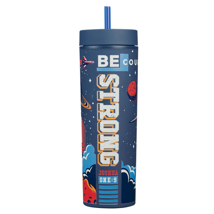 Strong and Courageous Navy Blue Plastic Travel Tumbler with Straw