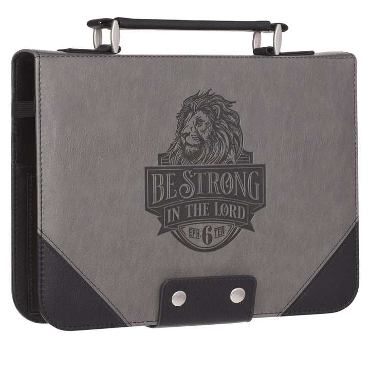 Be Strong in the Lord Grey and Black Faux Leather Loose Bible Cover