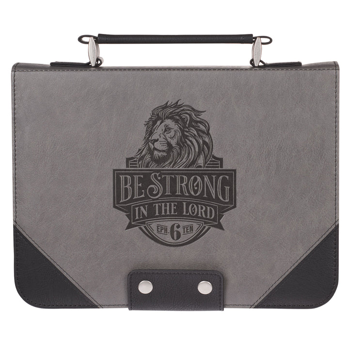 Be Strong in the Lord Grey and Black Faux Leather Loose Bible Cover