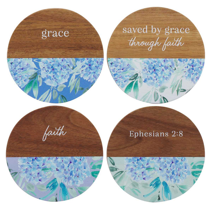 Saved by Grace Through Faith 4-Piece Round Wooden Coaster Set