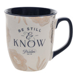 Be Still and Know Ceramic Mug with Navy Blue Interior