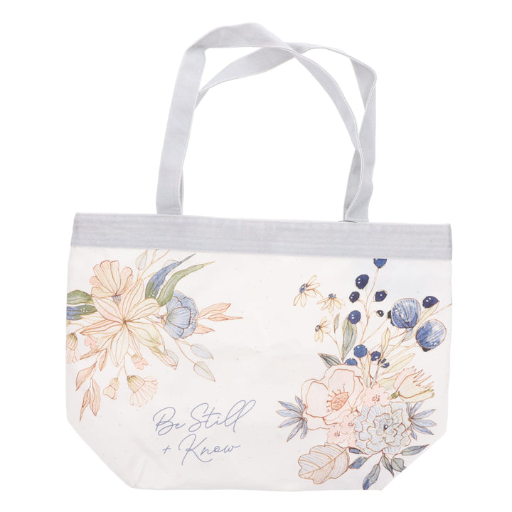 Be Still and Know Floral Pink and Blue Cotton Canvas Tote Bag