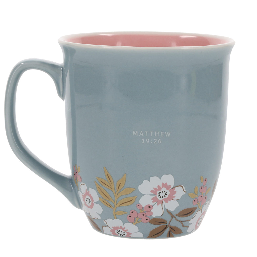 With God All Things Are Possible Teal Ceramic Mug with Pink Interior