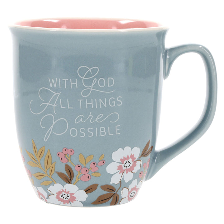 With God All Things Are Possible Teal Ceramic Mug with Pink Interior