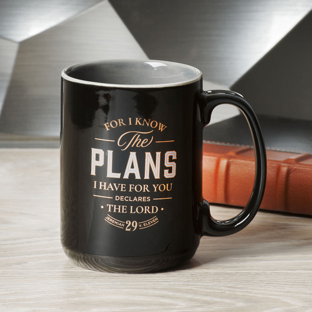 I Know the Plans Black Ceramic Mug with Grey Interior