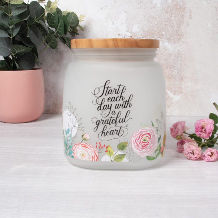 Start Each Day with a Grateful Heart Frosted Glass Jar with Bamboo Lid