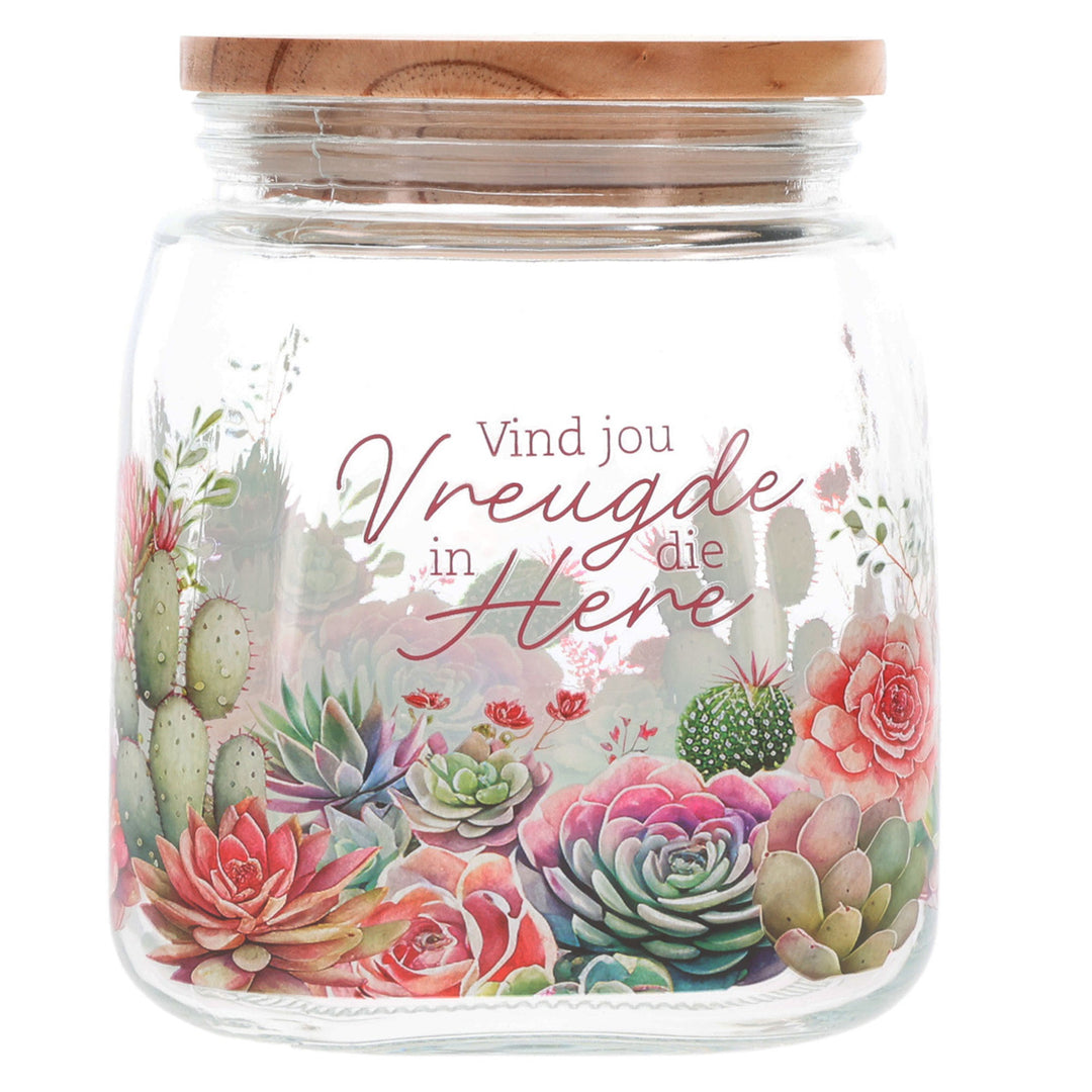 Vind Vreugde in die Here Afrikaans Glass Cookie Jar with Bamboo Lid