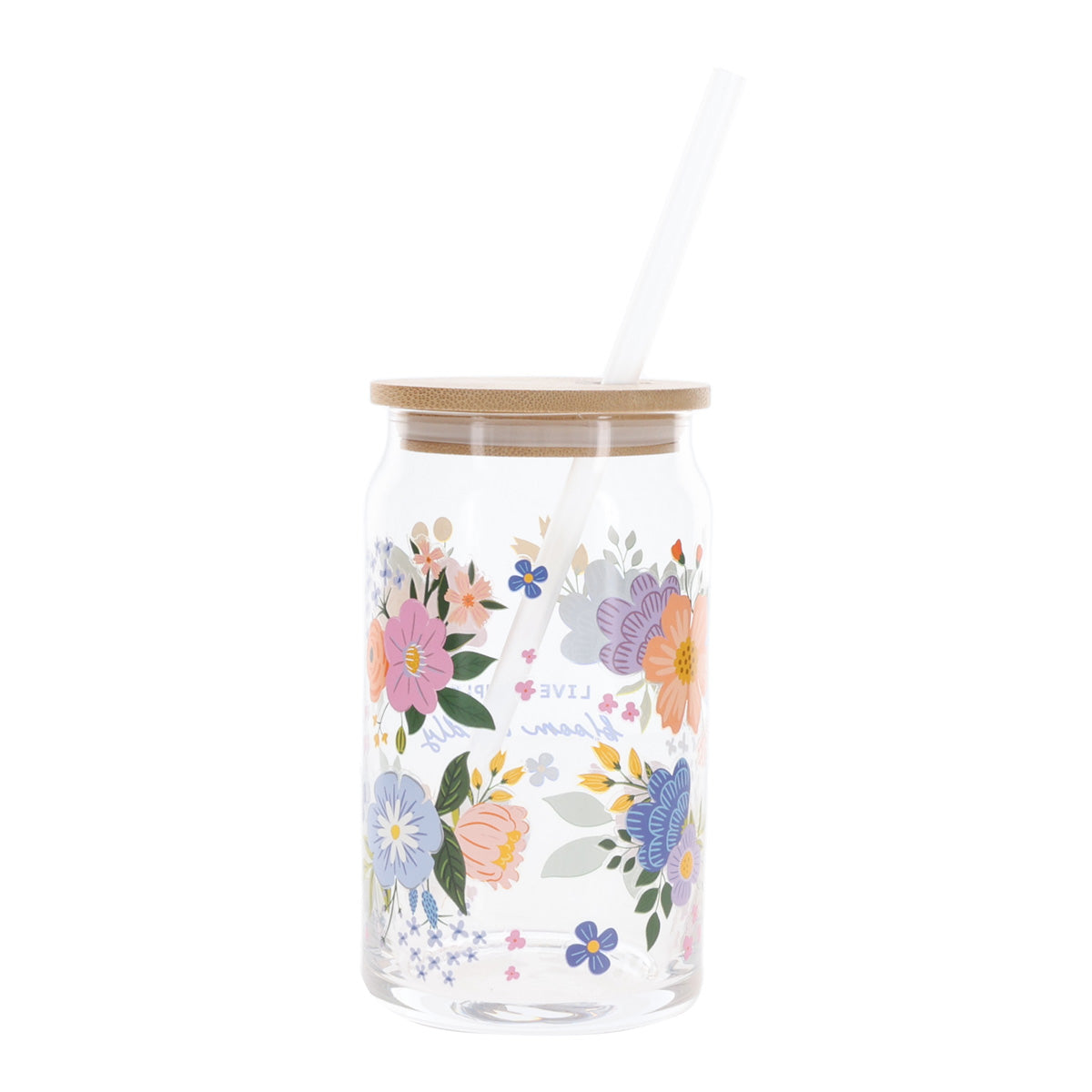 Live Simply Bloom Wildly Single Wall Glass Travel Tumbler with Bamboo Lid and Straw