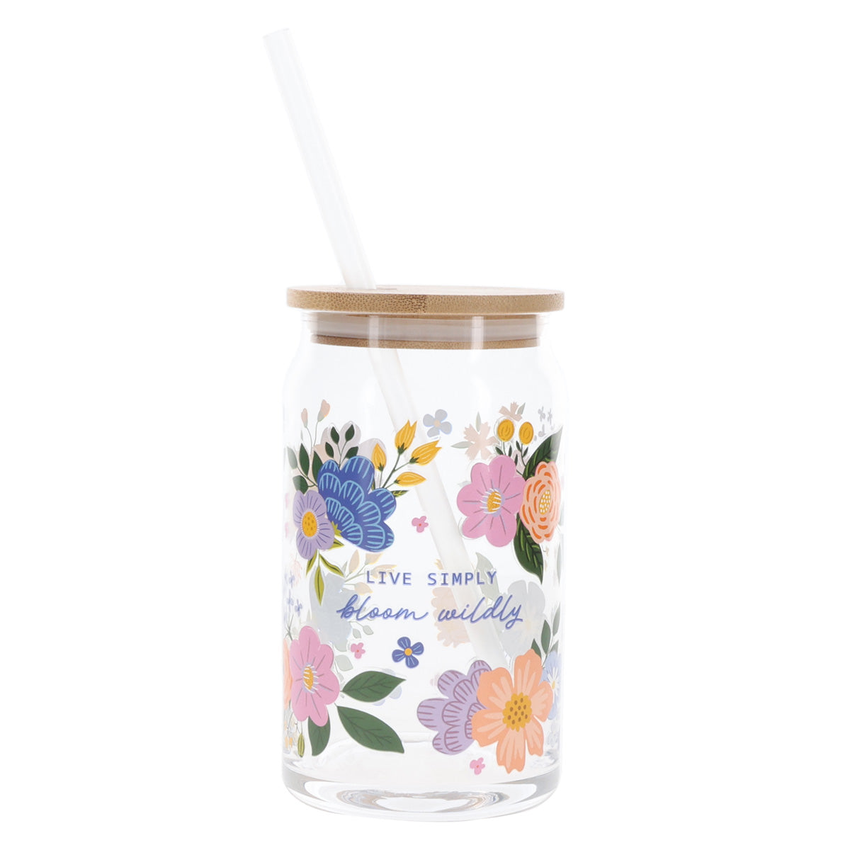 Live Simply Bloom Wildly Single Wall Glass Travel Tumbler with Bamboo Lid and Straw