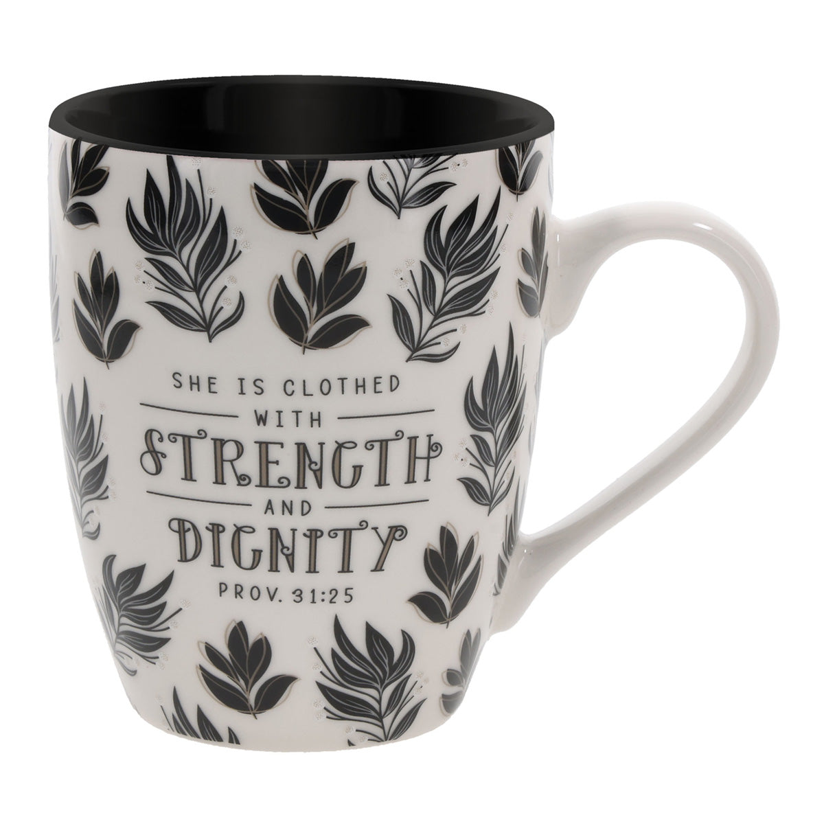 She Is Clothed with Strength and Dignity Ceramic Mug with Black Interior