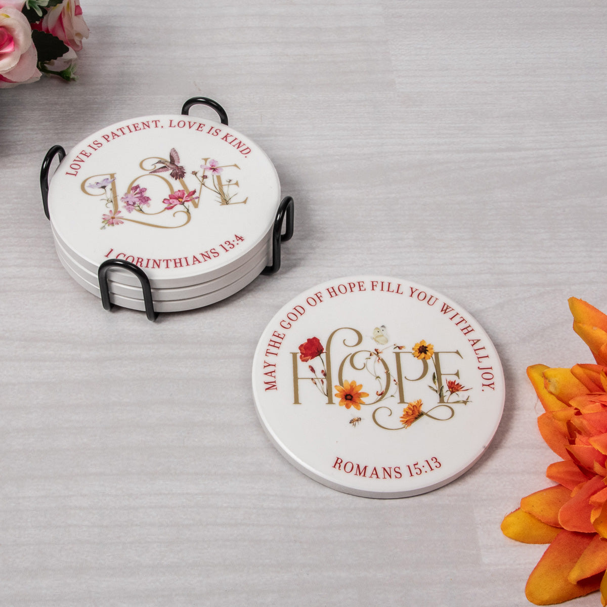 Love Hope Pray Be Still Four-Piece Ceramic Coaster Set
