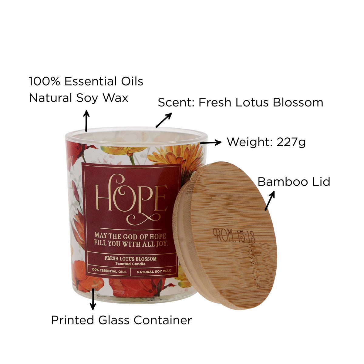 Hope, Fresh Lotus Blossom Scented Candle with Bamboo Lid