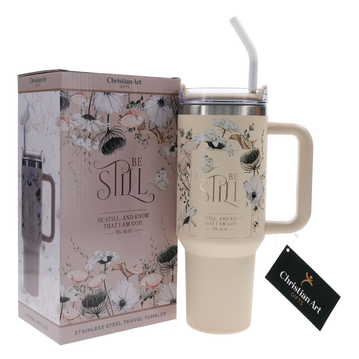 Travel Mug - Be Still and Know (Stainless Steel, Sage, Large, Handle & Straw)