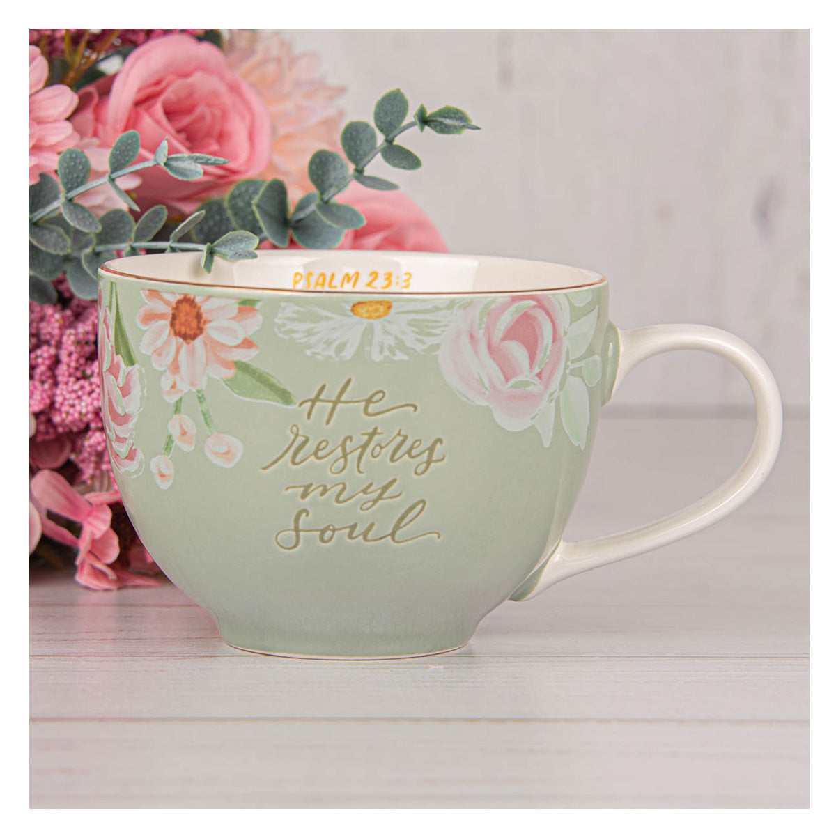 He Restores My Soul Green Floral Ceramic Mug