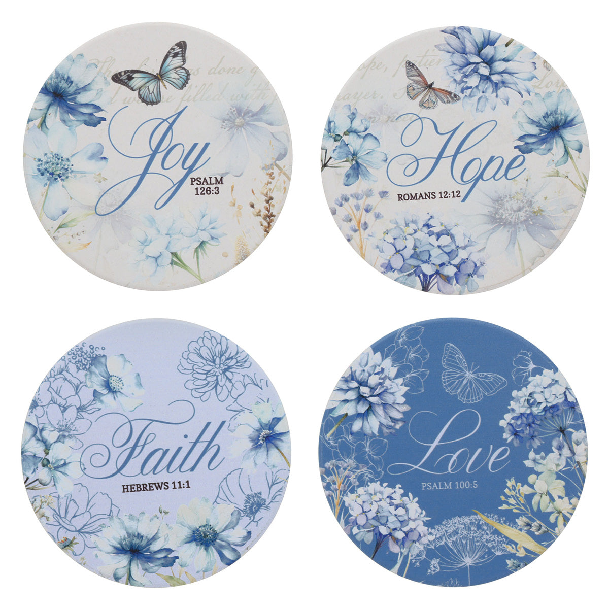 Joy, Love, Faith, Hope Four-Piece Ceramic Coaster Set