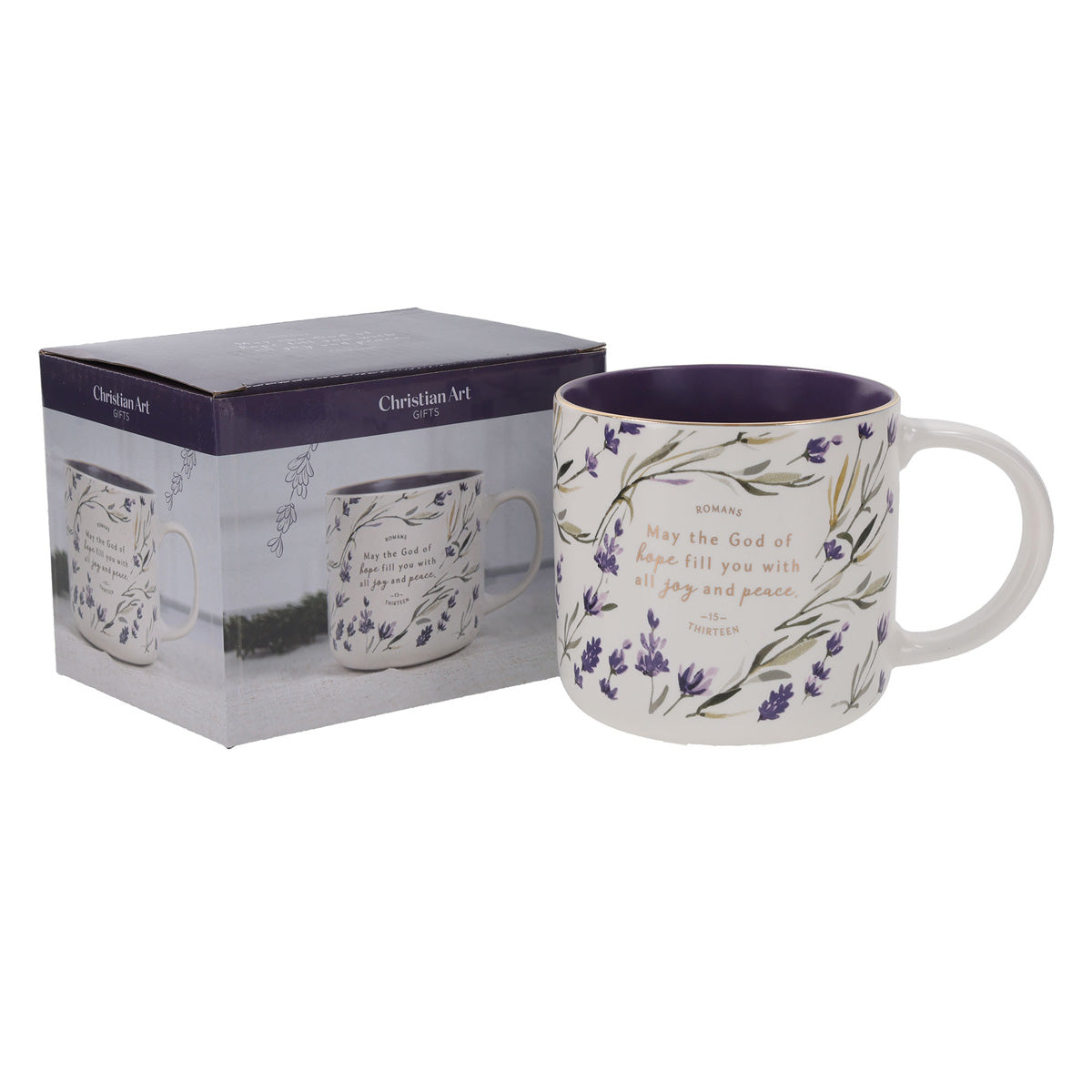 May the God of Hope Fill You with All Joy and Peace Ceramic Mug with Purple Interior