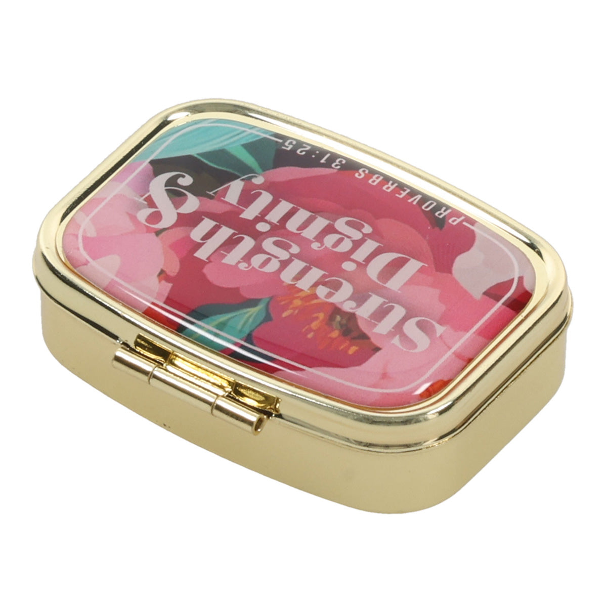 Strength and Dignity Light Gold Epoxy Pill Case with Mirror