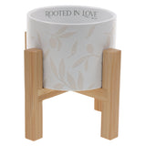 Rooted in Love Ceramic Planter with Wooden Stand Set